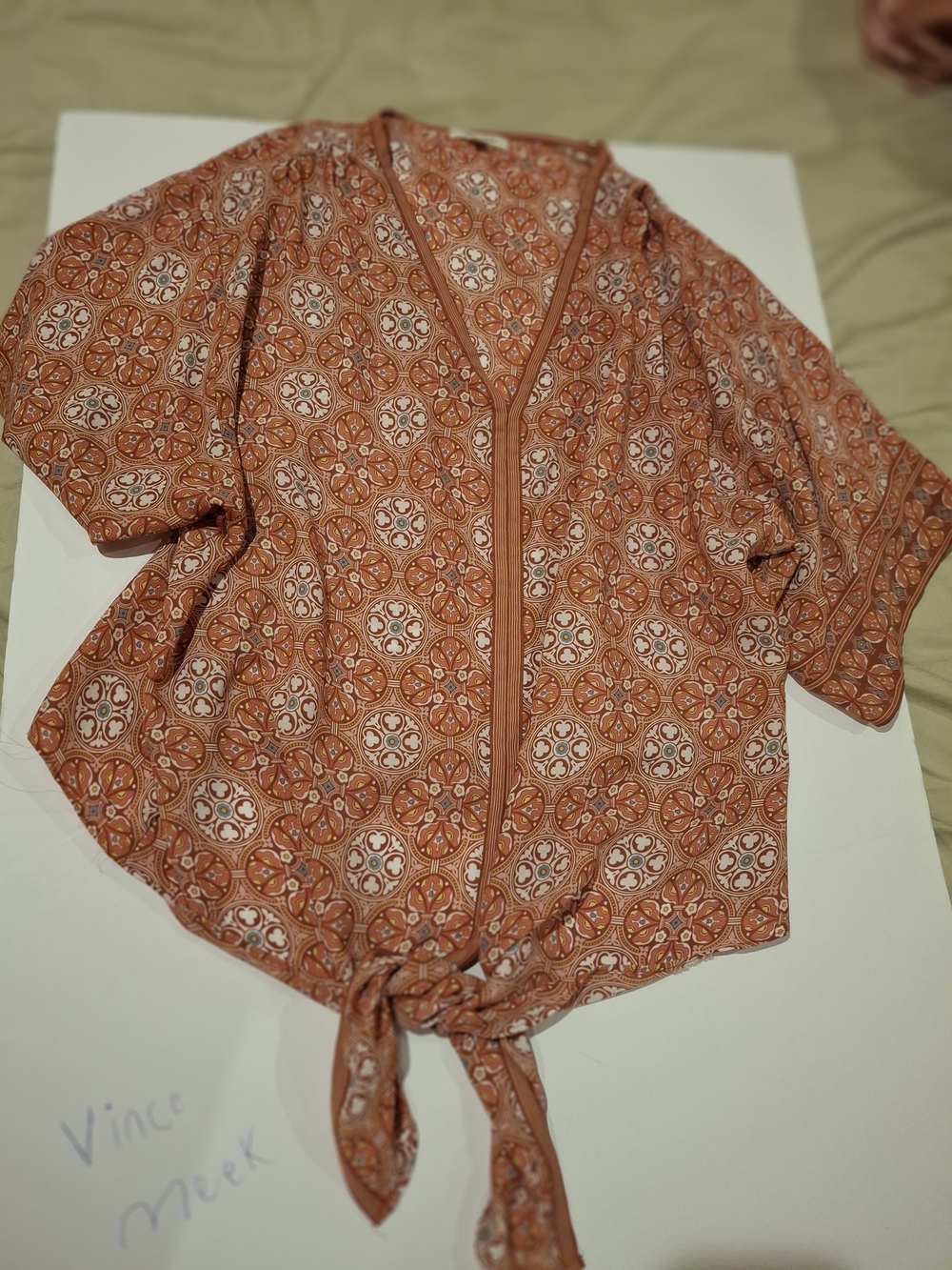 Max Studio Rust and Cream Printed Tie-Front Top - Picture 2 of 16